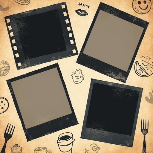 A square-format friends-gathering-themed photo collage in a vintage film roll style. Three image areas styled as black frames with film strip edges and slight grunge texture. Top-center: tilted rectangular black frame with sprocket holes on both sides, overlapping lower frames. Bottom-left: polaroid-style black frame rotated slightly counterclockwise. Bottom-right: square black frame with rounded corners and timestamp mark. All frames are empty. Background features textured paper with doodles of utensils, coffee cups, laughter emojis, and speech bubbles. Subtle sepia overlay and light leaks add nostalgic analog film touch.