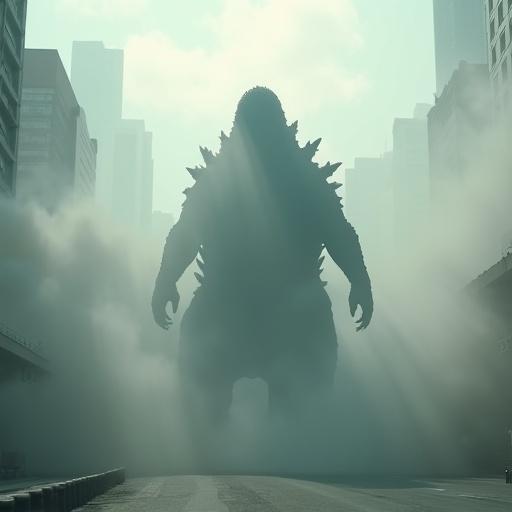 Cinematic image features silhouette of Godzilla emerging from thick fog and dust. Urban city environment visible in the background. Realistic textures and details create a powerful atmosphere. Bright sunlight filters through the smoke. Godzilla walks towards the camera creating a dramatic scene.