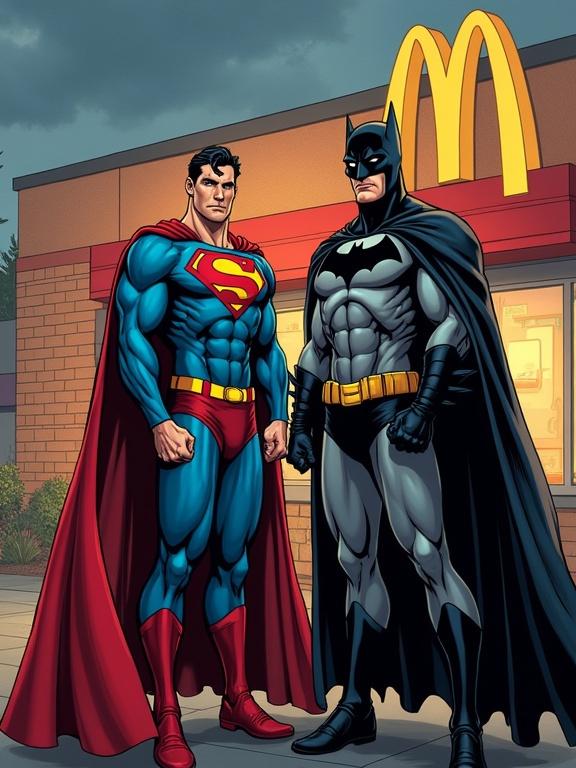 Superman and Batman pose in front of McDonald's restaurant. Comic book style artwork featuring bright colors and recognizable characters. Dusk scene with restaurant lighting.