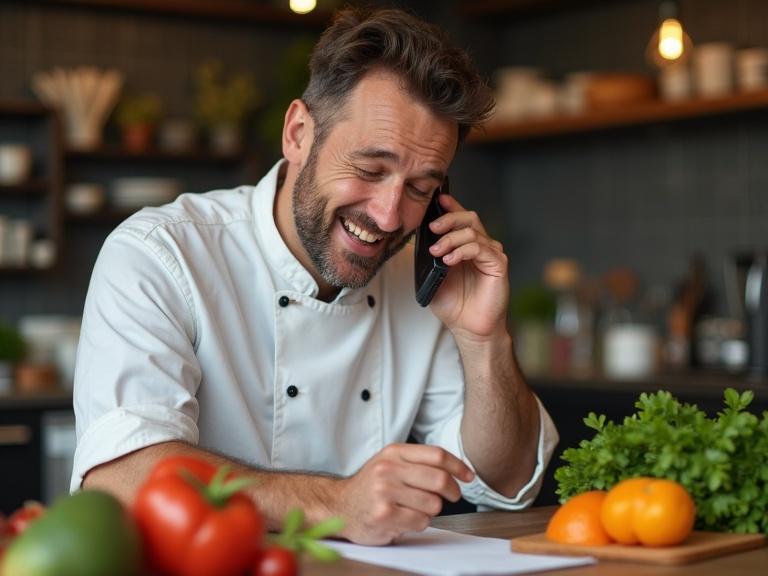 A 30 years old man chef is on a phone call placing a food order. He is laughing while looking at a list. Modern restaurant kitchen is in the background. Fresh vegetables are in front of him on the table.