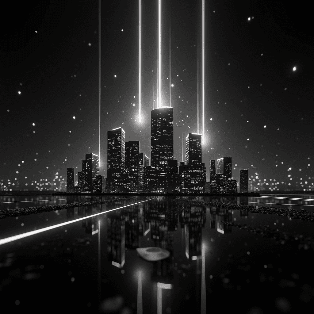 A futuristic cityscape at night with bright beams of light extending into the sky.