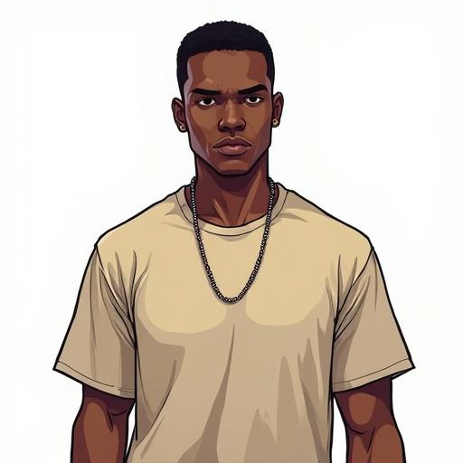 A black male character is shown directly facing the camera. Body is frontal without any rotation. His outfit consists of a solid color t-shirt. The lighting is bright with no shadows. The character is illustrated in a style reminiscent of Grand Theft Auto 3 box art, featuring bold outlines and a stylized comic appearance.