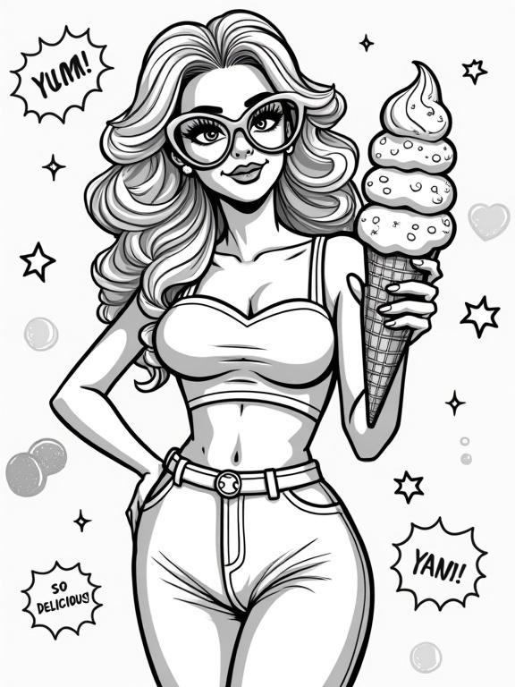 High-resolution pure black-and-white line art coloring page featuring charming plump blonde woman with Farrah Fawcett style curls. She wears big heart-shaped glasses, 70s elephant leg pants, high-heeled ankle boots, and tight crossover heart top. Confident pose with three-scoop ice cream cone with whipped cream. Simplified background with stars, swirls, and playful text bubbles.