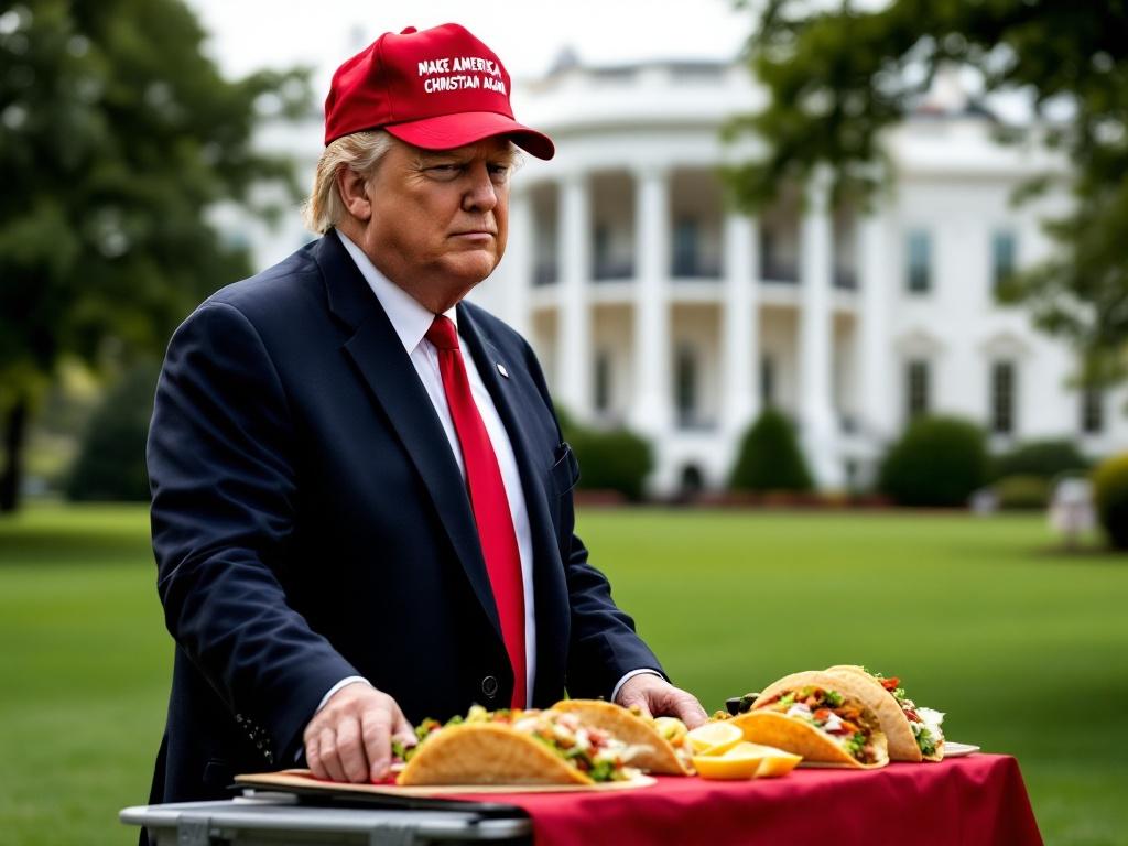Donald Trump on White House lawn wearing a red hat with a slogan. He stands beside a table selling tacos.