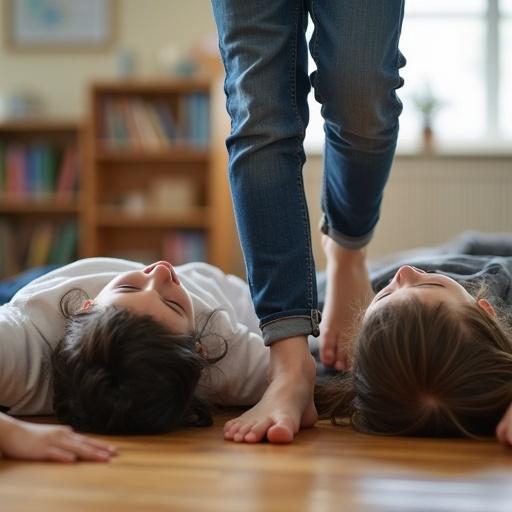 Smiling barefoot girl wearing blue jeans walks on heads of classmates laying on the floor. Girl displays confidence and happiness. Classmates appear relaxed and engaged with play.