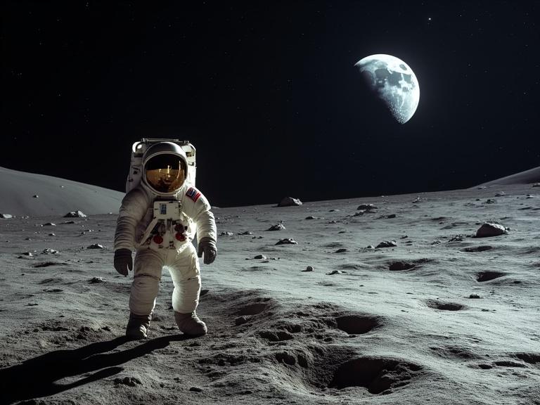 Astronaut standing on the Moon. The surface is gray and dusty. The background features the Earth and a dark sky filled with stars.