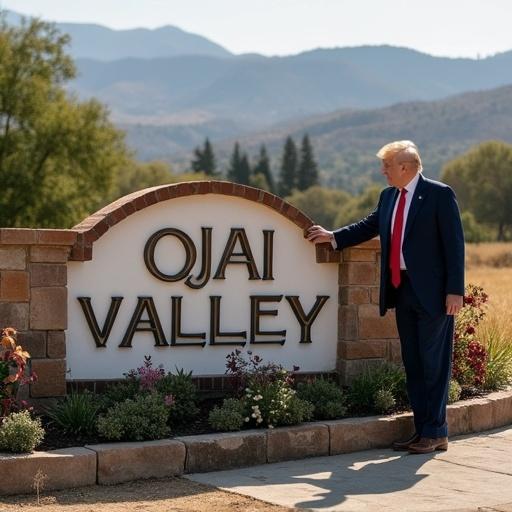 President standing next to Ojai Valley sign in Ojai California. Scenic background with mountains and trees. Captures a moment in a rural setting.