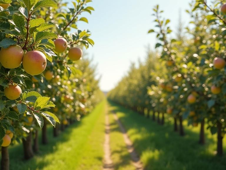 Field full of apple trees with ripe yellow-white apples. Realistic orchard scene with natural lighting focusing on ripe fruit and green leaves.