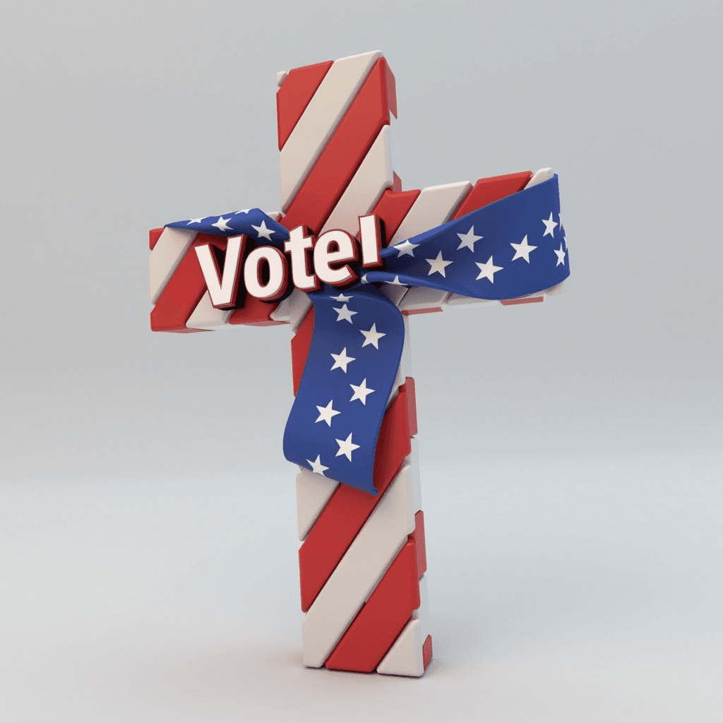 A cross wrapped in the American flag colors with a banner displaying the word 'Vote!'.