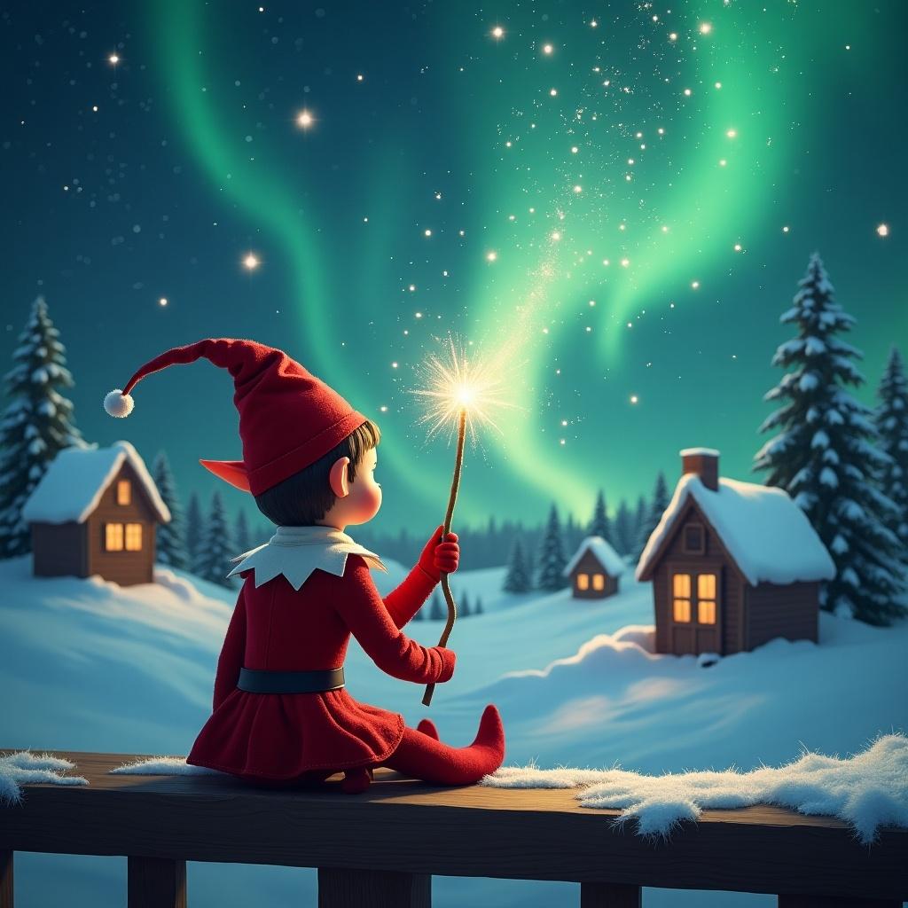 An elf sits on a wooden ledge with its back to the camera, gazing at a magical sky. The elf, dressed in a red outfit with a pointed hat, holds a sparkling wand. With the wand, ‘Jaceyon’ the starry sky. The background features a snowy landscape with charming little houses and evergreen trees under the shimmering Northern Lights. This whimsical scene captures the essence of childhood magic and Christmas cheer.