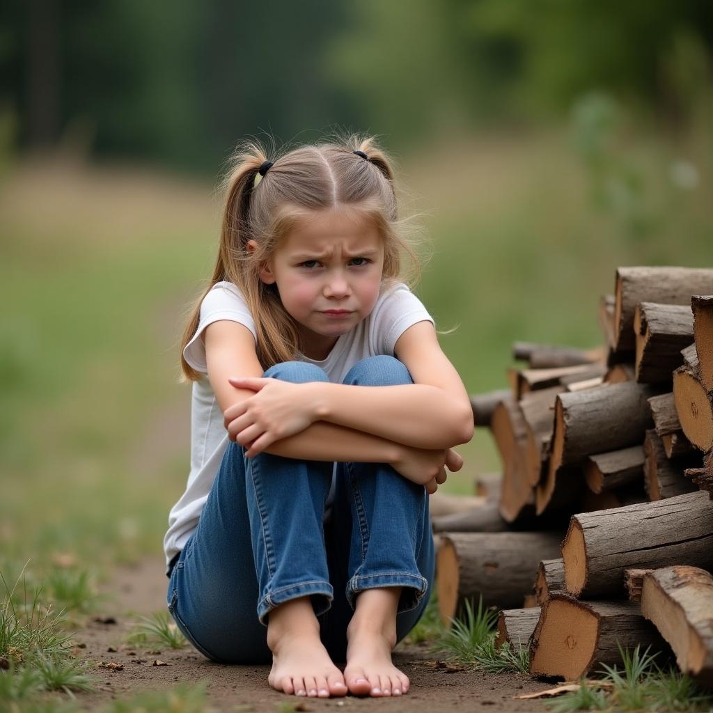 Child sitting on the ground next to a pile of broken wood. The girl crosses her arms and pouts. Background is blurred with greenery.