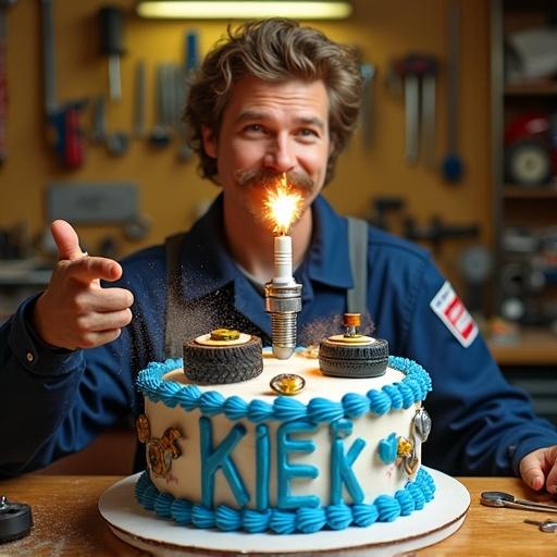 Cheerful mustachioed car driver in mechanic's outfit. Blowing out car spark plug candle on colorful cake. Cake has KIEK in blue frosting. Decorated with miniature tires and wrenches. Background shows cluttered garage with tools. Warm yellow lighting adds ambiance. Dynamic dust particles from blown candle. Decorative car key beside the cake.