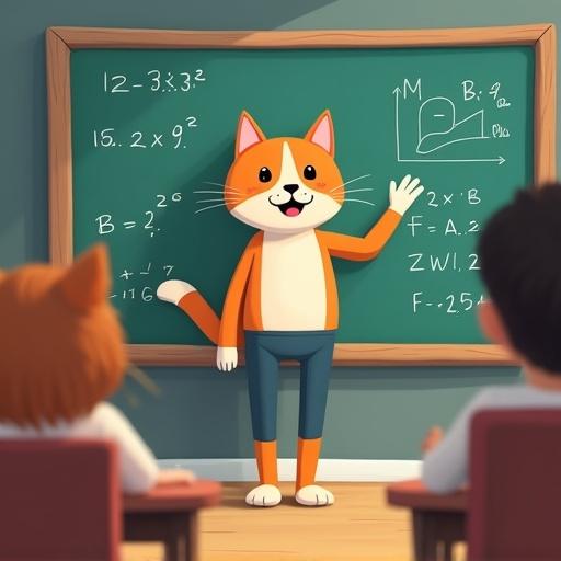 Cartoon of a cat teacher standing in front of a chalkboard. Cat teaching math with writing on the board. Students seated in front. Simple cartoon graphics.