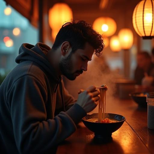 Close-up portrait of a man in a cozy noodle shop. Dimly lit atmosphere with warm lanterns. Man enjoys steaming ramen with chopsticks. Casual hoodie showcases comfort. Inviting and relaxing ambiance. Jazz music plays softly in the background. Complex shadows enhance intimacy.