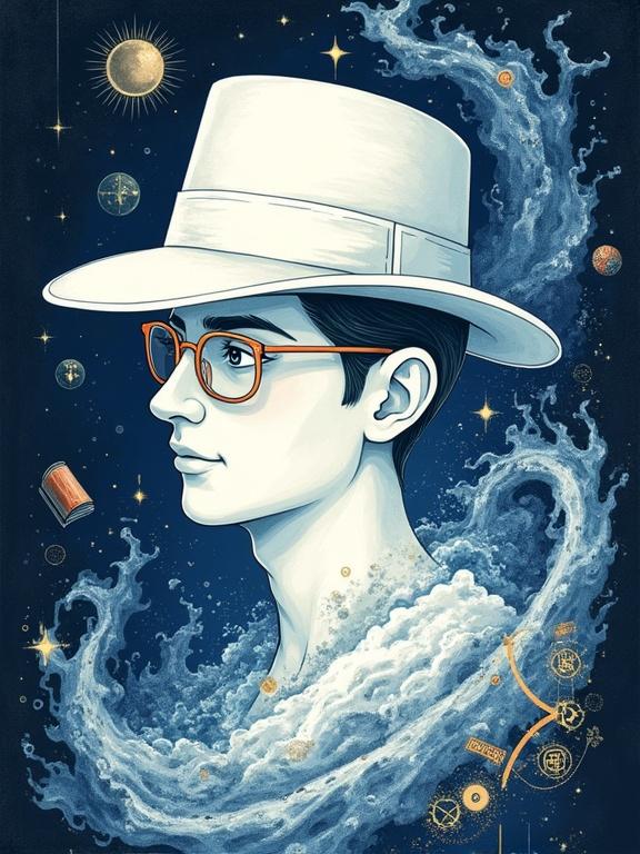 Stylized logo of a fictional author with a soft smile looking diagonally forward. Illustration of a white man with a white fedora and glasses. Surrounded by swirling elements like stars, floating books, cosmic energy. Painterly expressive style, combining organic and futuristic themes. Color palette features deep blues and golden highlights. Magical and mysterious atmosphere.