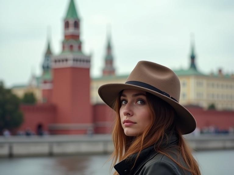Photorealistic portrait of woman in hat facing camera. Moscow Kremlin in focus behind her. Bright natural lighting and deep depth of field.