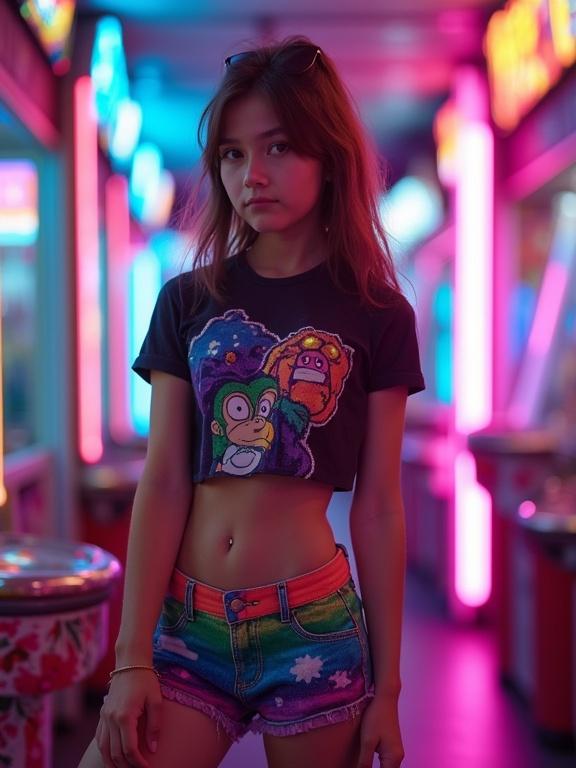 Inside a neon-lit arcade a teen girl stands in colorful short booty shorts and a cropped graphic tee. Colorful lights reflect off her skin creating electric energy. She has a beautiful face.