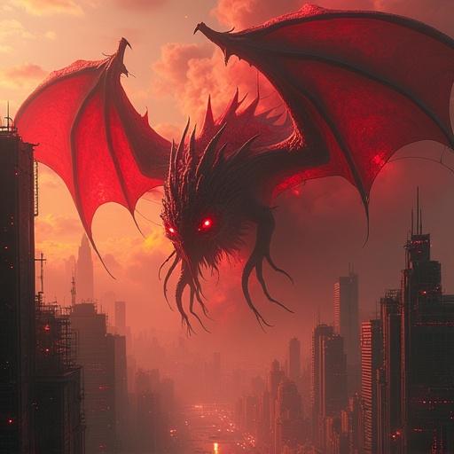 Lovecraftian red eldritch dragon with tentacles and thousands of eyes destroying a cyberpunk city with fire