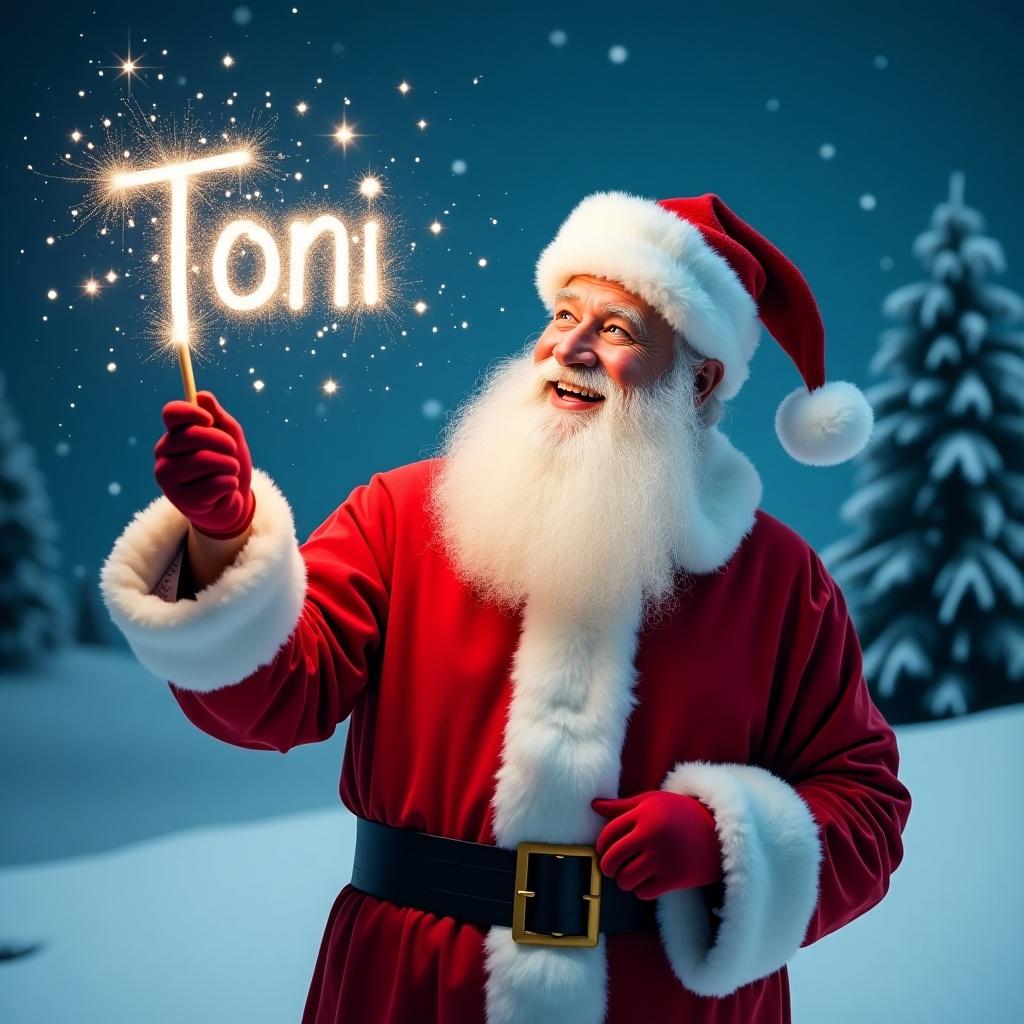 Santa Claus in snowy landscape holding a wand with sparkles. Dressed in red suit with fur trim and matching hat. Santa writing name Toni in sky. Background with evergreen trees and starry night setting.