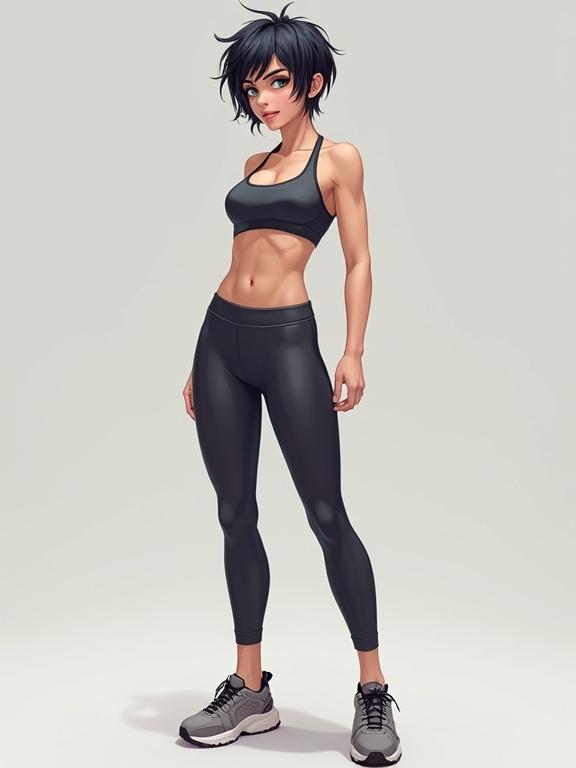 A 16-year-old athletic female character standing confidently. She has a toned physique and long legs. Her eyes are blue. Short dark pixie hair is slightly messy. She wears a sports bra, leggings, and oversized sneakers.