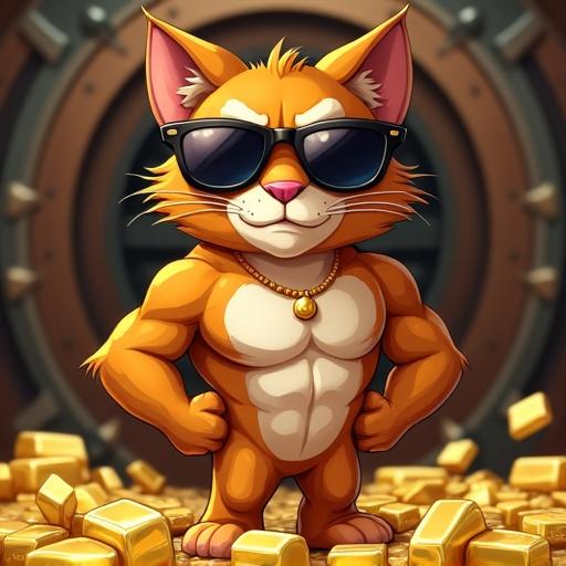 Cartoon character with muscular build. Cat with serious facial expression. Wears sunglasses and a golden chain. Stands confidently. Surrounded by gold bullions and nuggets. Vault setting in the background.