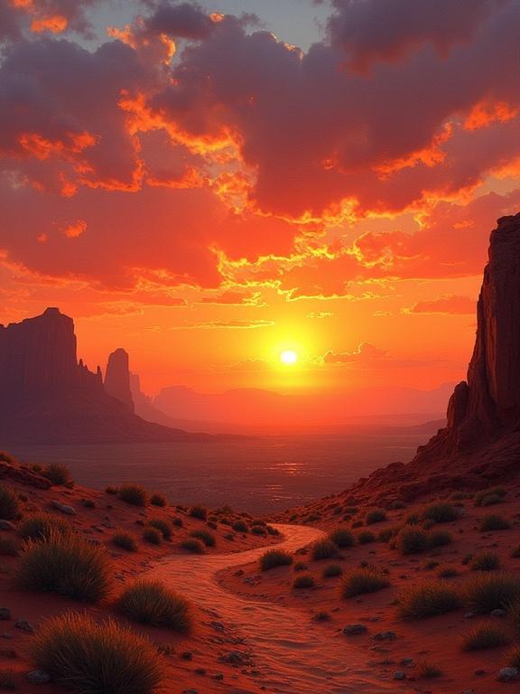 Oil painting of a sunset over a desert landscape in baroque style. Layered light transitions emphasize depth and dramatic contrast.