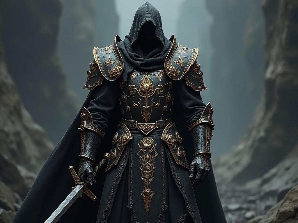 A cloaked figure stands ominously in a narrow canyon. The figure is adorned in ornate black and gold armor, exuding an air of power and mystery. A gleaming sword is held in their right hand, hinting at a potential confrontational stance. The environment is dark and atmospheric, with shadows looming and rugged terrain creating a sense of isolation. The overall impression is one of a heroic character prepared for battle in a fantastical world.