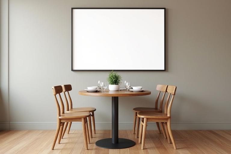 Modern coffee shop interior with cozy atmosphere during day time. Wall features an empty art frame. Round wooden table set for two with white plates and glasses. Small plant in a pot decorates the table. Four minimalist wooden chairs around the table. Wooden floor adds elegance to the space.