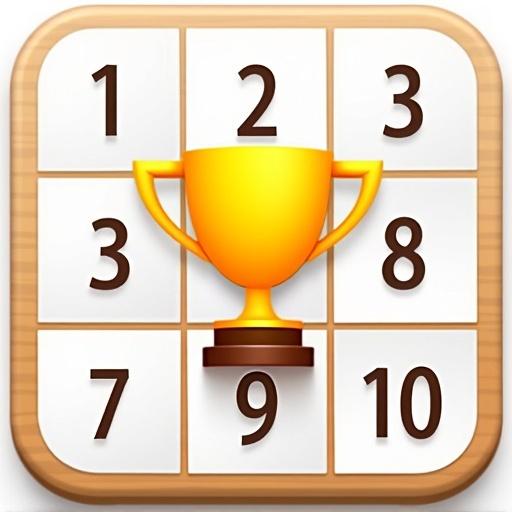 App icon depicting a modern 3x3 Sudoku grid. Different numbers from 1 to 9 are arranged. A golden trophy is placed in the middle.