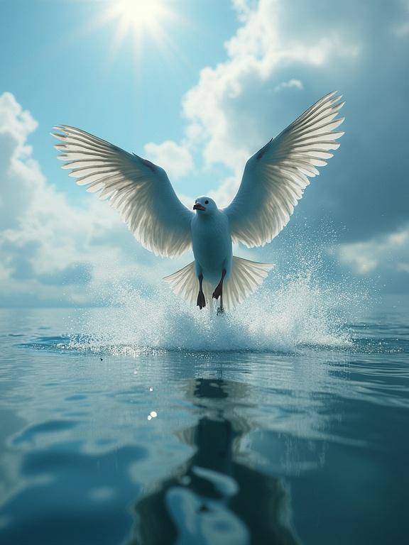 A bird takes flight above the surface of the water. The scene captures water splashes and sunlight reflecting off the water.