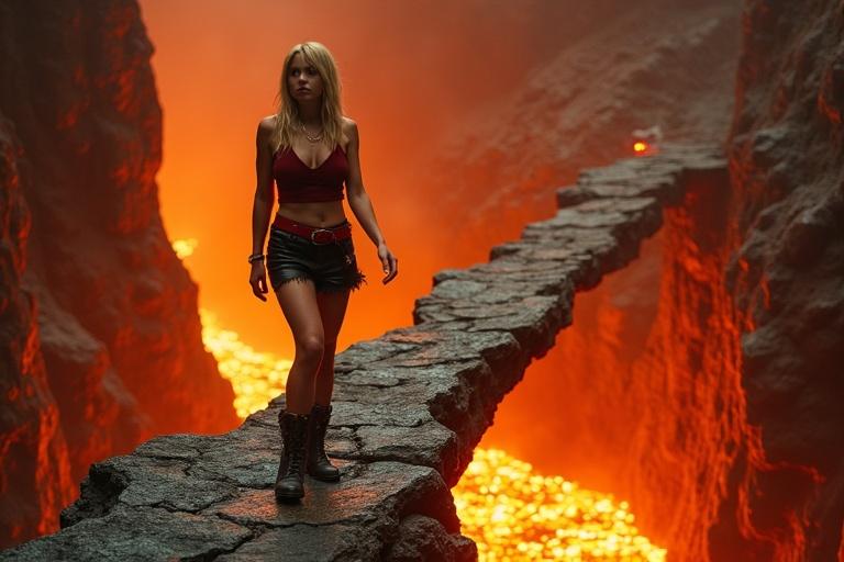 Girl crossing a narrow stone path above a river of lava. Intense orange illumination reflects on rough volcanic rock. Focus on her determined expression. The path looks cracked and unstable with glowing fissures. The cavern walls rise high, made of textured obsidian. Heat distortion is visible. Cinematic grading highlights fiery tones and cool contrasts.