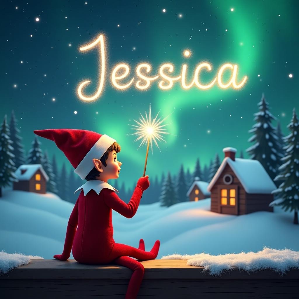 Elf sits on a wooden ledge. Back to the camera. Gazing at a magical sky. Dressed in a red outfit with a pointed hat. Holds a sparkling wand. Background with a snowy landscape. Charming little houses and evergreen trees. Shimmering Northern Lights. Writing the name Jessica in the sky.