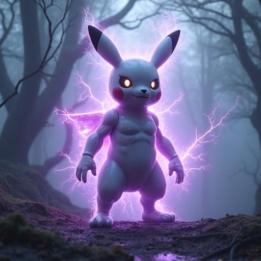 Epic cinematic shot of Pikamew, fusion of Pikachu and Mewtwo, standing confidently with a muscular physique and piercing eyes. Surrounded by an electric, purple aura, set against a misty ancient forest with gnarled trees. The scene has a mystical atmosphere, capturing every detail in high fidelity. Generated with Unreal Engine 5 and Octane Render.