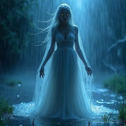 A divine rain goddess appears on a stormy night. Scene features heavy rainfall. Long silver hair flows and is drenched. Ethereal gown is shimmering mist. Gown has water droplets. Gown glows with magical blue light. Rain pours like a waterfall. Lightning flickers in the distance. Puddles ripple at her feet. Her eyes glow with divine power. Expression is soft yet intense. Style is hyper-realistic fantasy. Lighting is cinematic. Theme is magical realism. Image is ultra-detailed and 4K.
