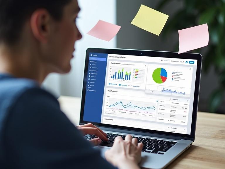 Digital marketer analyzes Facebook Insights on a laptop with tips for boosting organic reach displayed as floating notes around the screen.