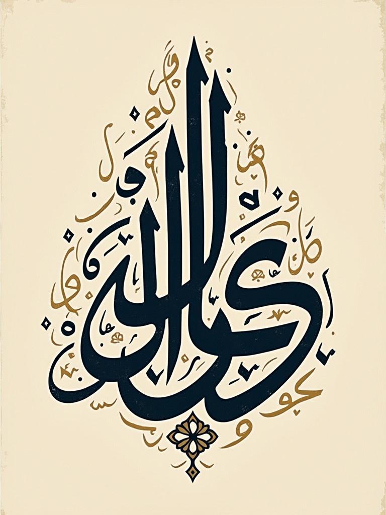 Stylized artwork represents Arabic calligraphy in Diwani style.