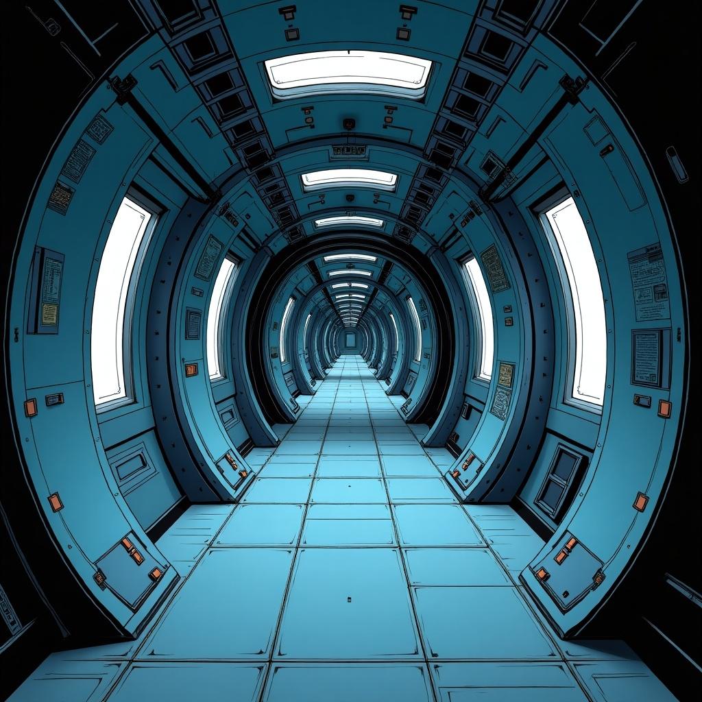 The image depicts a futuristic spaceship corridor with a striking geometric design. The corridor is lined with rounded panels and windows, creating an immersive tunnel effect. The predominant colors are blue and black, enhancing the sci-fi aesthetic. This artwork is reminiscent of comic art, featuring clean lines and bold contrasts. It invites viewers into a speculative future, where space travel is commonplace.