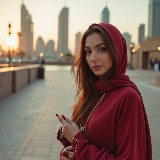 A woman in a red hood stands in Dubai city during golden hour. Skyscrapers are visible in the background.