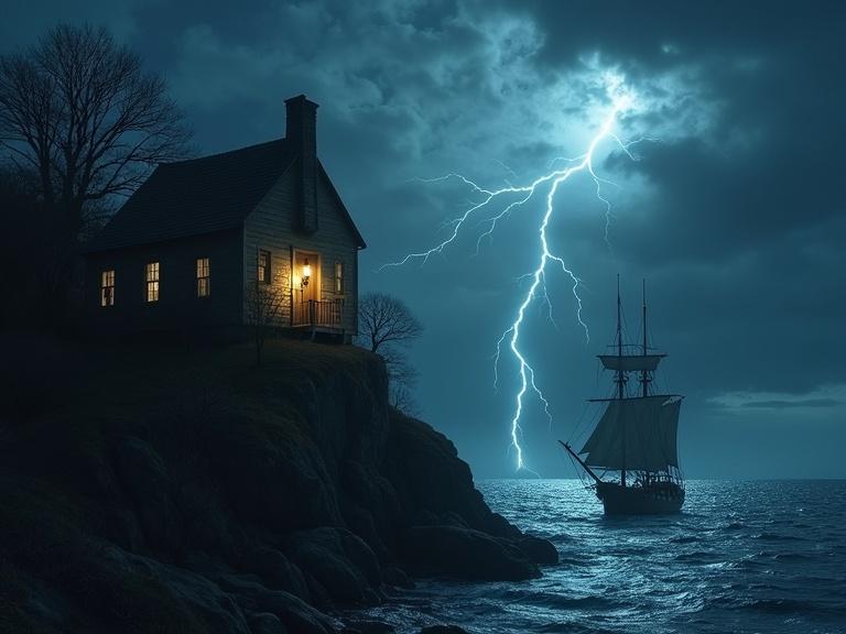 A house on a cliff with a warm lamp in the window. A ghostly ship is anchored in the dark water during a thunderstorm. Lightning strikes illuminate the scene. The house shows signs of age but stands strong. The sea is tumultuous, reflecting the stormy sky.