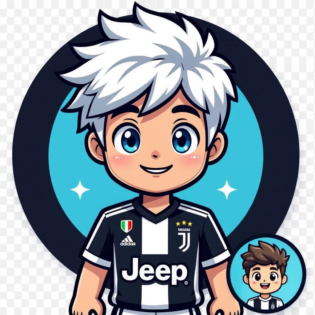 Create a clean cartoon logo. Character has white hair bright blue eyes. Wears a black and white Juventus jersey. Soft friendly expressive face. Bold outlines vibrant colors. Transparent background. Ideal for profile icon and YouTube avatar.