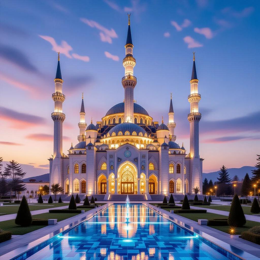 A grand mosque at twilight with tall minarets and a dome. Sky filled with purple and orange hues. The surrounding area features a reflective pool and well-maintained gardens.