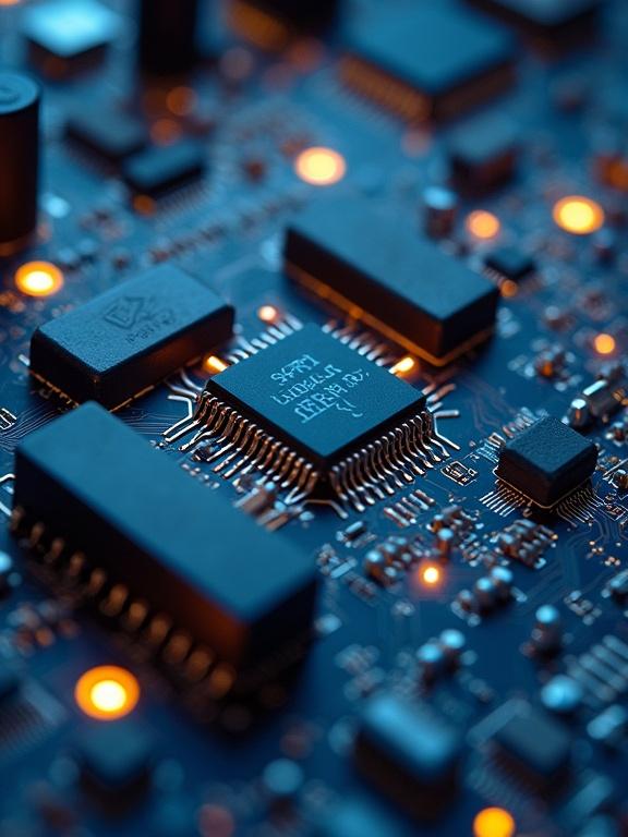 Close-up of electronic circuit board with microchip and glowing lights. Focus on detailed components. Engineering and technology concept. Dark background with blue and orange colors.