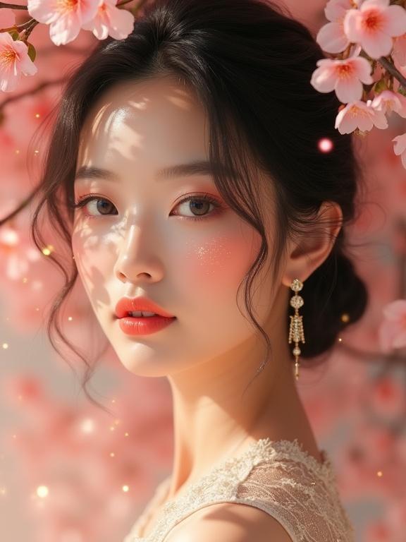 Portrait of young Asian woman with luminous oily skin and elegant features. Dark wavy hair styled in loose updo with curly wisps. Makeup features coral-orange lipstick and peachy-pink blush. Wearing delicate flower-shaped earrings. Background contains soft pink cherry blossoms with dreamy effect. Color palette includes warm corals and pinks. Soft lighting creates glowing effect. Gold sparkle elements scattered throughout. Subject looking directly at camera with serene expression. Photographic style resembles high-fashion beauty photography.