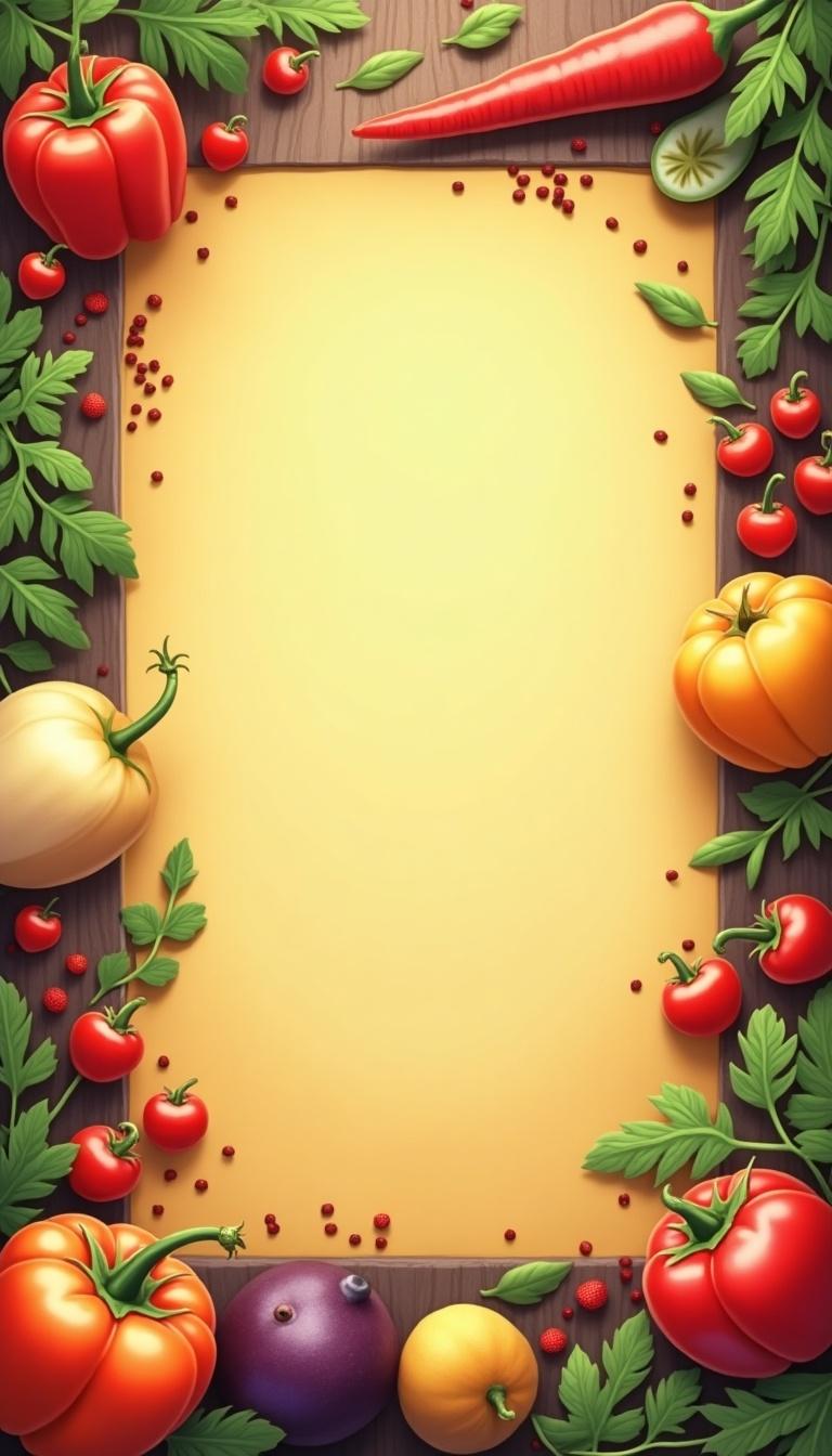 Relevant background image for a food quiz with various vegetables surrounding an empty space for text. Aspect ratio of 9:16.