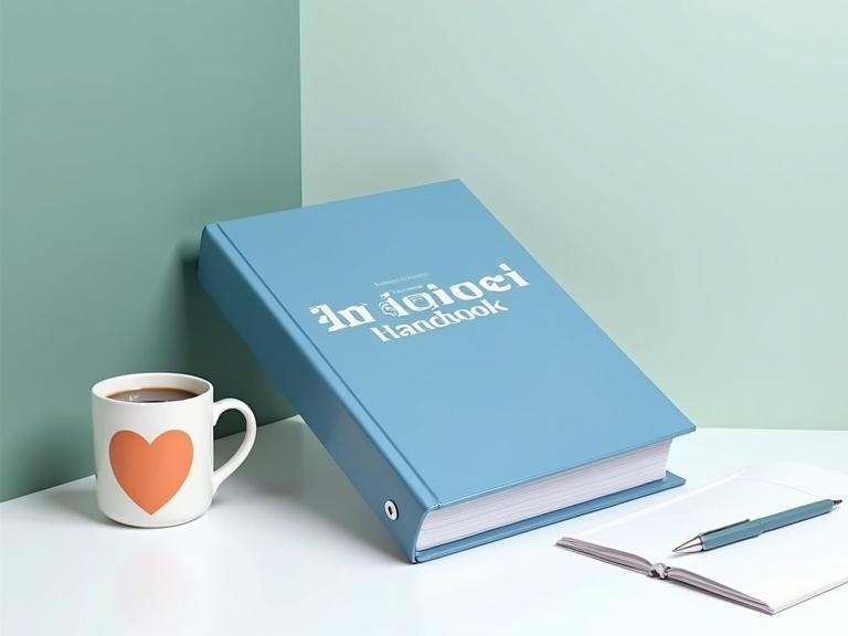 A blue ring binder on a white desk labeled as 'Employee Handbook'. The setting features a coffee mug with an orange heart design, a sleek pen, and neatly stacked papers. The scene has soft lighting and a modern, minimalist style with a focus on clean lines and contemporary branding.
