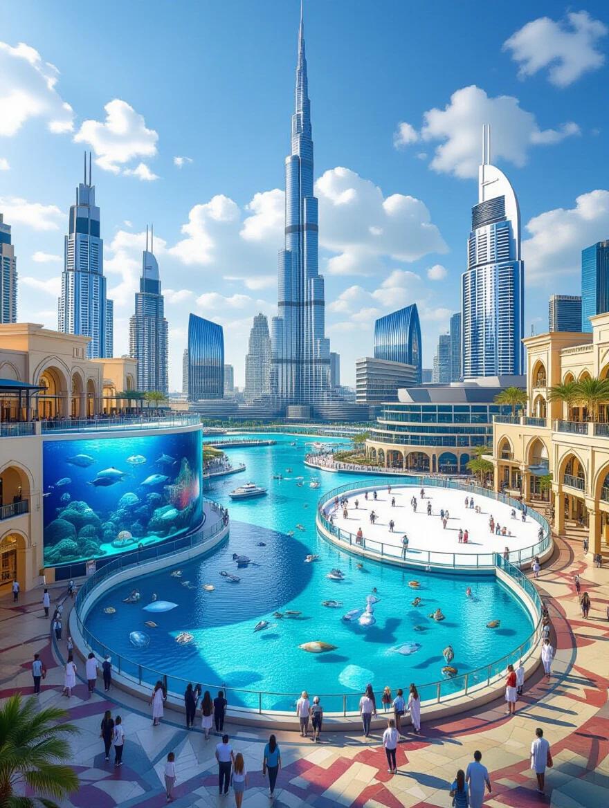 A colorful depiction of the Dubai Mall with the Burj Khalifa. A large aquarium and an ice rink in the scene. Surreal elements enhance the reality. Captivating visual depth and tropical atmosphere.