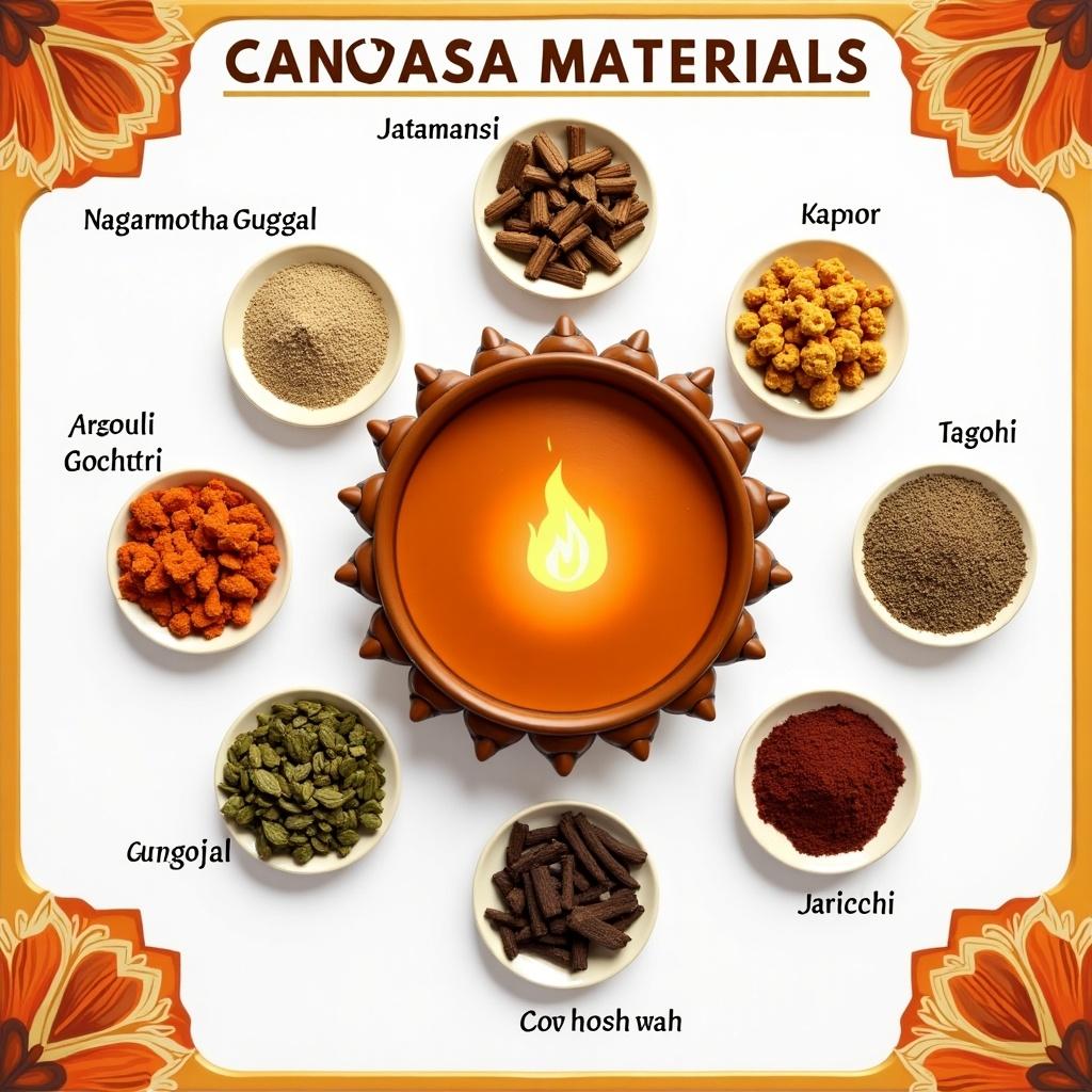 Image showcases various materials used for Havan rituals in India. Arrangement includes a central diya with flame surrounded by individual bowls of ingredients. Includes names of distinct items.