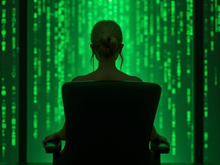 Digital artwork of a blonde woman seated in an office chair against a background of cascading green code. The setup combines elements of cyberpunk and tech-noir. The character's pose reflects grace and confidence in a high-tech environment. The lighting creates a glowing ambiance, enhancing the atmosphere.