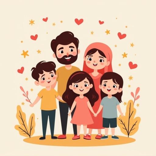 Cute cartoon family illustration featuring dad Ahmed, mom Marwa, and three children Layan, Nouran, and Ali. Soft colors with hearts and stars. Simple and fun home-themed background.