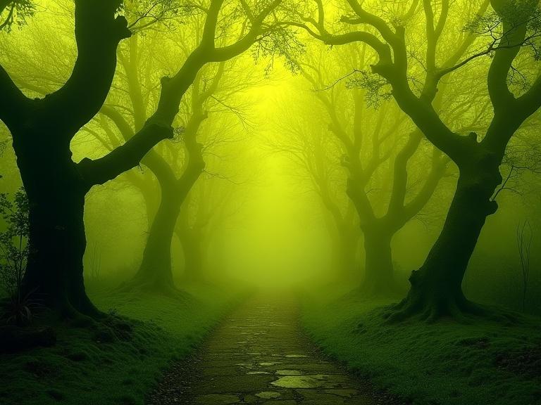 Image depicts a misty forest with twisted trees and a mossy path. Yellow-green mist envelops the scene with an eerie, forgotten atmosphere. Cinematic lighting enhances the gothic aesthetic.